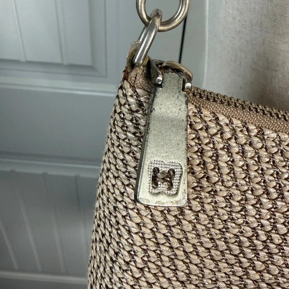 Eric Javits Powchky Shoulder Bag Womens Beige Woven Coastal Resort Chain Strap
